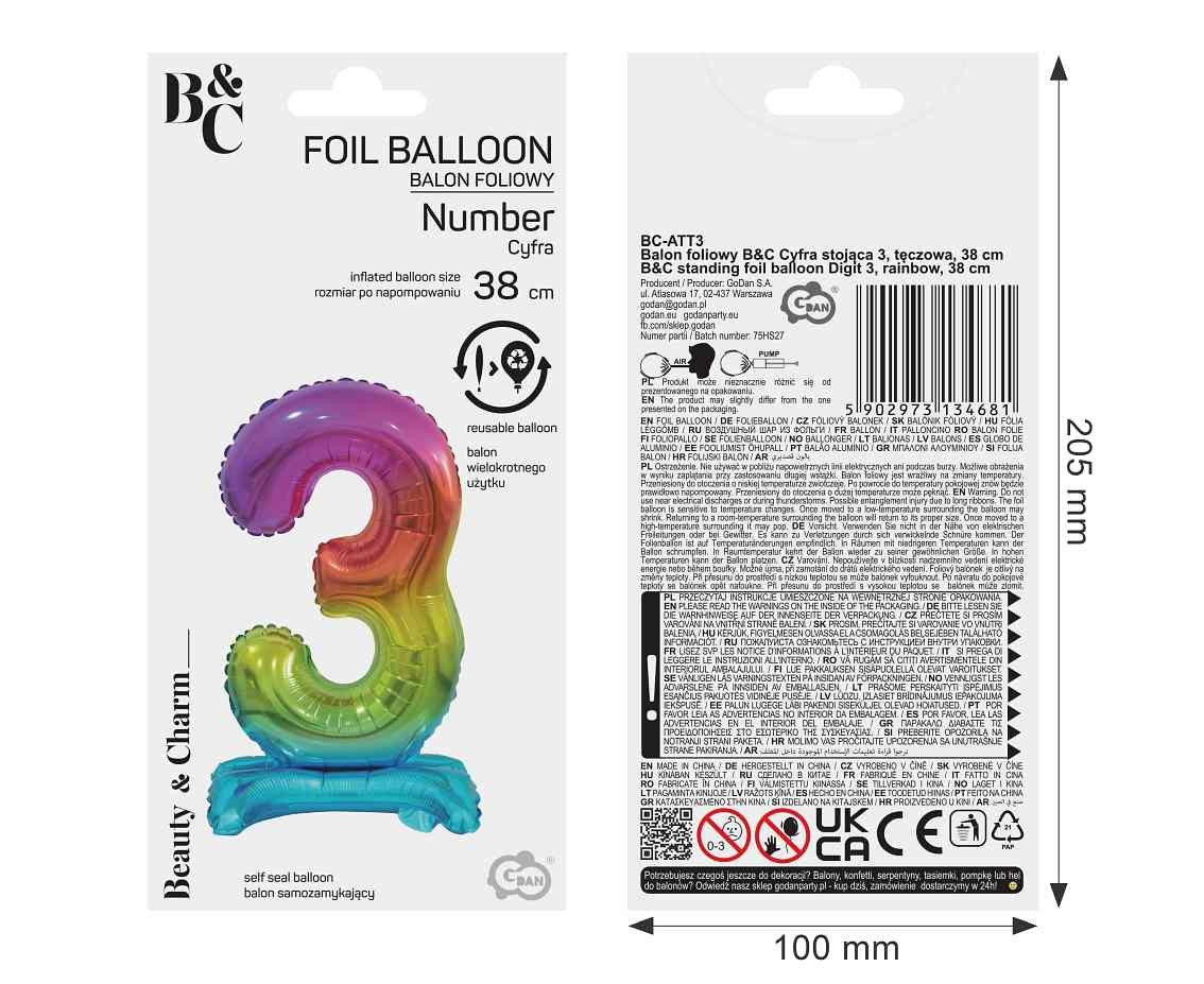 B&C foil balloon Standing digit 3, rainbow, 38 cm